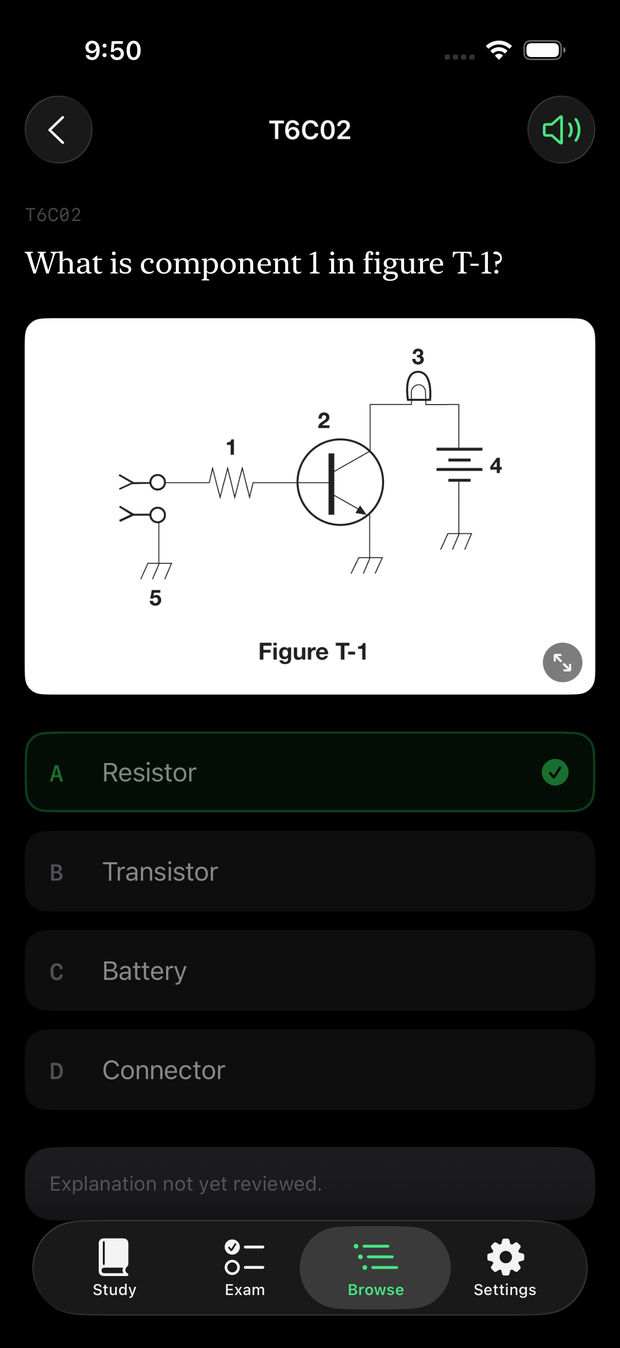 Ham radio exam question T6C02 showing official FCC Figure T-1 circuit diagram inside the SEVENTY3 app.
