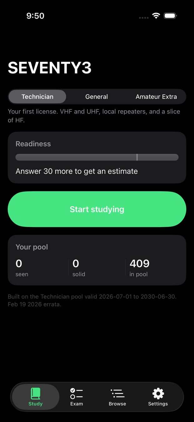 SEVENTY3 ham radio study app home screen with Technician, General and Amateur Extra practice test options and a readiness estimate.