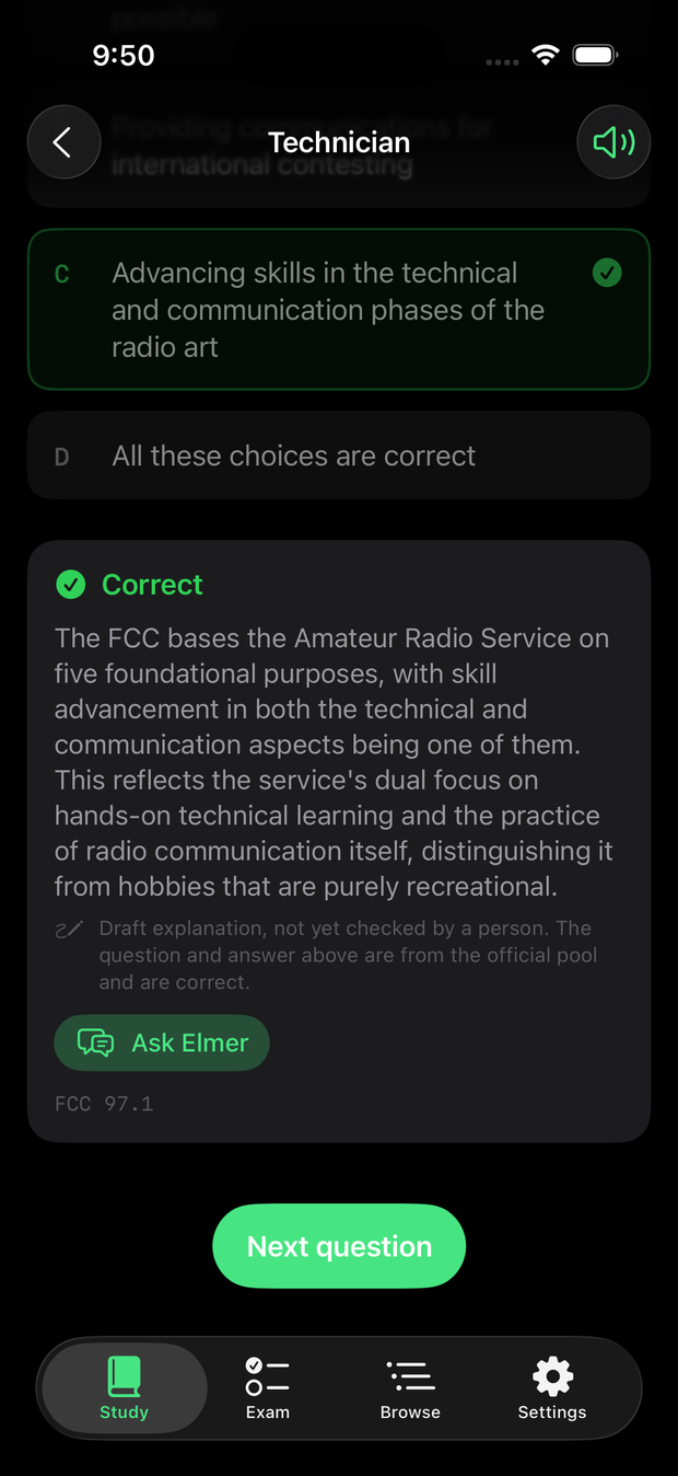 Technician ham radio practice test question graded correct in SEVENTY3, with an explanation of the answer and an Ask Elmer button.
